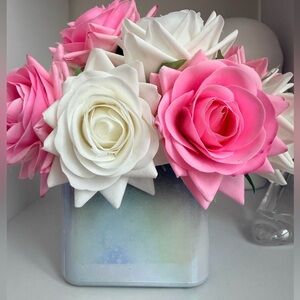 14 pink and White Real Touch Rose Flower Crown w/Vase